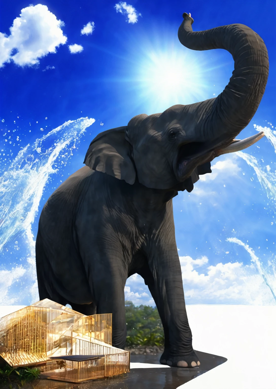 (最high quality, high quality, Very detailed, Intricate details, High resolution, 8K, RAW Photos:1.25), Elephant lifts his trunk、An elephant bigger than a building、Ultra high definition、Light shines in、Water splashes、Sunshine and water reflections