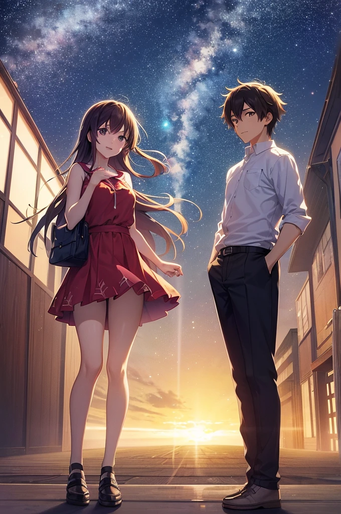 Two agers standing apart under a vibrant twilight sky, with a comet streaking across the background. The boy is in a Tokyo and the girl in a rural Japanese . The scene is filled with detailed and colorful clouds, capturing a sense of magic and connection. Cosmic Skies, by makoto shinkai, makoto shinkai cyril rolando, beautiful anime scene, anime sky, anime art wallpaper 4 k, anime art wallpaper 4k, anime art wallpaper 8 k, anime beautiful peace scene, in style of makoto shinkai, 4k anime wallpaper.