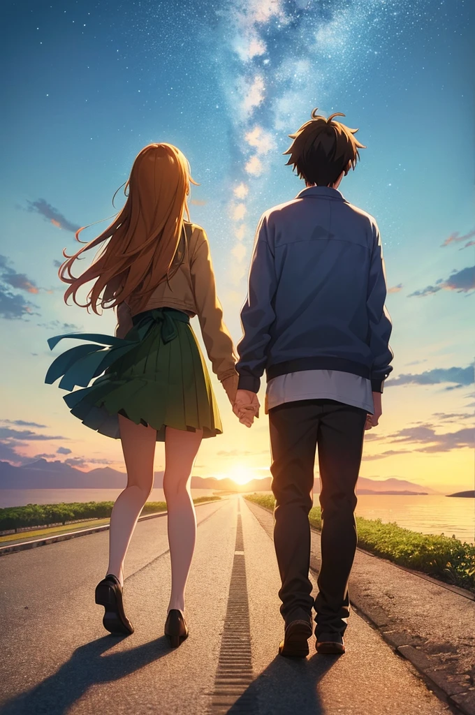 Two agers standing apart under a vibrant twilight sky, with a comet streaking across the background. The boy is in a Tokyo and the girl in a rural Japanese . The scene is filled with detailed and colorful clouds, capturing a sense of magic and connection. Cosmic Skies, by makoto shinkai, makoto shinkai cyril rolando, beautiful anime scene, anime sky, anime art wallpaper 4 k, anime art wallpaper 4k, anime art wallpaper 8 k, anime beautiful peace scene, in style of makoto shinkai, 4k anime wallpaper.