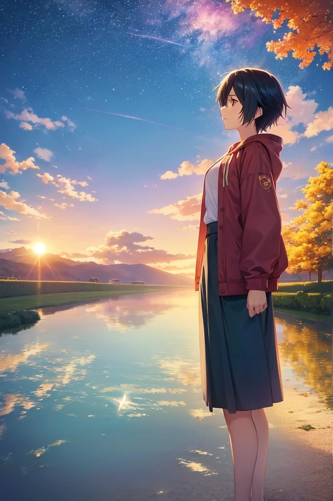 Two teenagers standing apart under a vibrant twilight sky, with a comet streaking across the background. The boy is in a Tokyo and the girl in a rural Japanese . The scene is filled with detailed and colorful clouds, capturing a sense of magic and connection. Cosmic Skies, by makoto shinkai, makoto shinkai cyril rolando, beautiful anime scene, anime sky, anime art wallpaper 4 k, anime art wallpaper 4k, anime art wallpaper 8 k, anime beautiful peace scene, in style of makoto shinkai, 4k anime wallpaper.