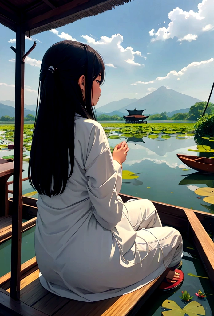 Girl sitting on boat in lotus pond,In the distance are mountains
