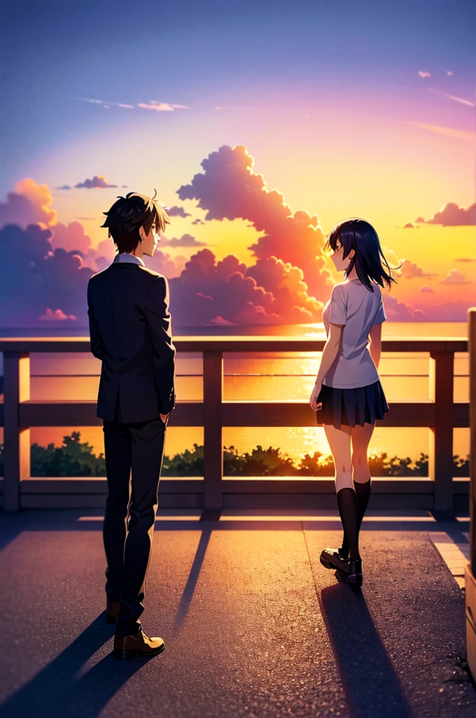 Two teenagers standing apart under a vibrant twilight sky, with a comet streaking across the background. The boy is in a Tokyo  and the girl in a rural Japanese . The scene is filled with detailed and colorful clouds, capturing a sense of magic and connection. Cosmic Skies, by makoto shinkai, makoto shinkai cyril rolando, beautiful anime scene, anime sky, anime art wallpaper 4 k, anime art wallpaper 4k, anime art wallpaper 8 k, anime beautiful peace scene, in style of makoto shinkai, 4k anime wallpaper. 