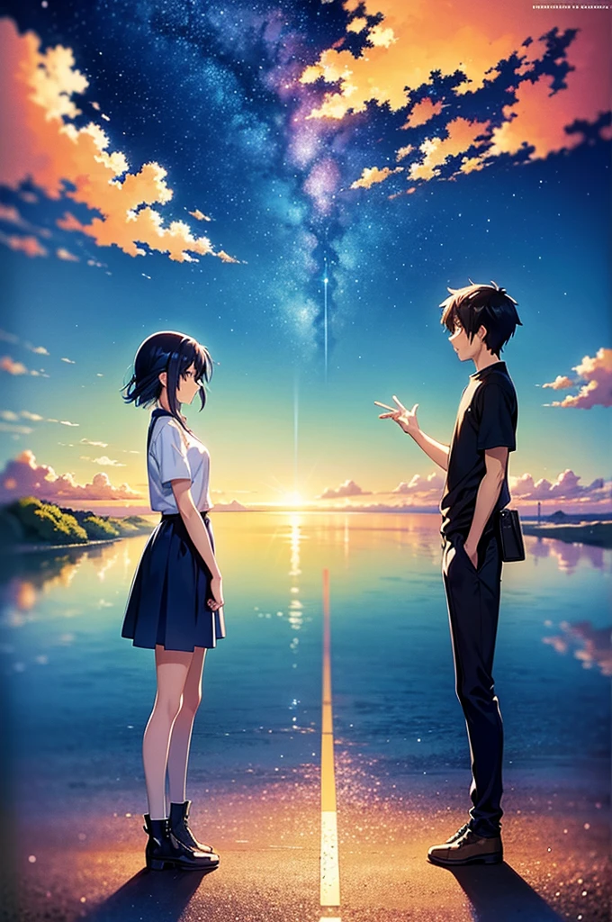 Two teenagers standing apart under a vibrant twilight sky, with a comet streaking across the background. The boy is in a Tokyo  and the girl in a rural Japanese . The scene is filled with detailed and colorful clouds, capturing a sense of magic and connection. Cosmic Skies, by makoto shinkai, makoto shinkai cyril rolando, beautiful anime scene, anime sky, anime art wallpaper 4 k, anime art wallpaper 4k, anime art wallpaper 8 k, anime beautiful peace scene, in style of makoto shinkai, 4k anime wallpaper. 