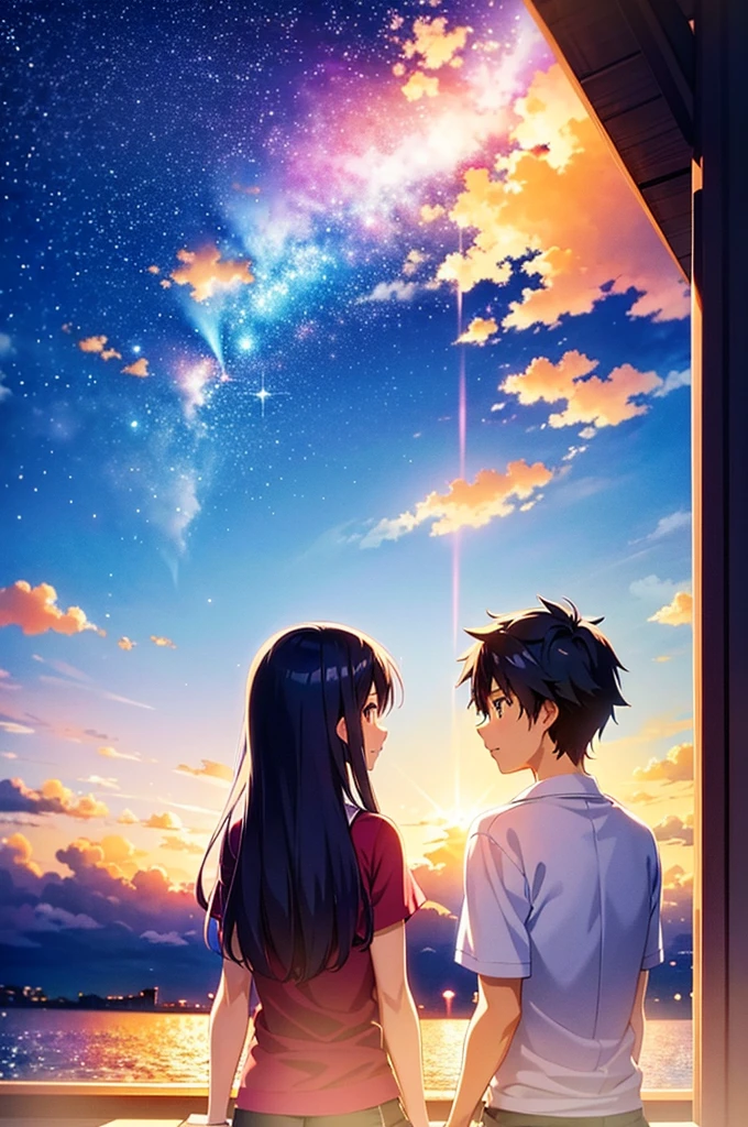 Two agers standing apart under a vibrant twilight sky, with a comet streaking across the background. The boy is in a Tokyo and the girl in a rural Japanese . The scene is filled with detailed and colorful clouds, capturing a sense of magic and connection. Cosmic Skies, by makoto shinkai, makoto shinkai cyril rolando, beautiful anime scene, anime sky, anime art wallpaper 4 k, anime art wallpaper 4k, anime art wallpaper 8 k, anime beautiful peace scene, in style of makoto shinkai, 4k anime wallpaper.