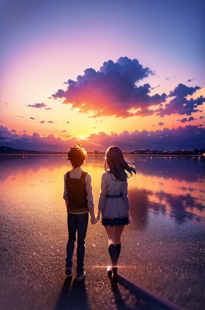 Two teenagers standing apart under a vibrant twilight sky, with a comet streaking across the background. The boy is in a Tokyo  and the girl in a rural Japanese . The scene is filled with detailed and colorful clouds, capturing a sense of magic and connection. Cosmic Skies, by makoto shinkai, makoto shinkai cyril rolando, beautiful anime scene, anime sky, anime art wallpaper 4 k, anime art wallpaper 4k, anime art wallpaper 8 k, anime beautiful peace scene, in style of makoto shinkai, 4k anime wallpaper. 