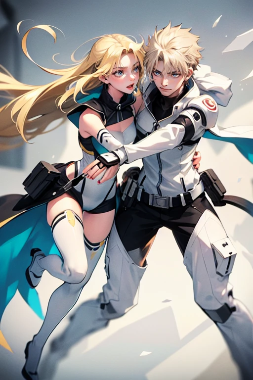 1 man and 1 women (tall man, slim, manly, dominate,  man has white messy hair, man has yellow eyes, tough, wearing a sci-fi outfit.) (a thin woman, long blonde hair, green eyes, wearing scifi outfit) best quality, adorable, ultra-detailed, illustration, complex, detailed, extremely detailed, detailed face, soft light, soft focus, perfect face. illustration. two people, couple: Full body 