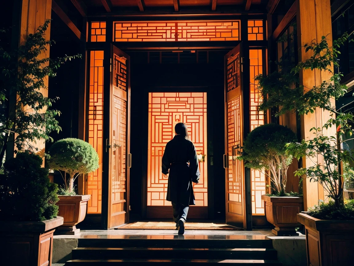 A painting of a person walking, Very exquisite Chinese classical door and plants, Mysterious Background, Layered Sky, Red and Black, Backlight, Traditional Chinese landscape style, New tradition, Oriental style, James Turrell, Plants are the history of Nagai, Fan Quang's style, Spooky reality, Crafty. I can&#39;t believe how beautiful it is. Symmetrical Configuration, large-scale, Use negative space, Look up, One-point perspective, Realistic ultra-detailed, 8K, High resolution