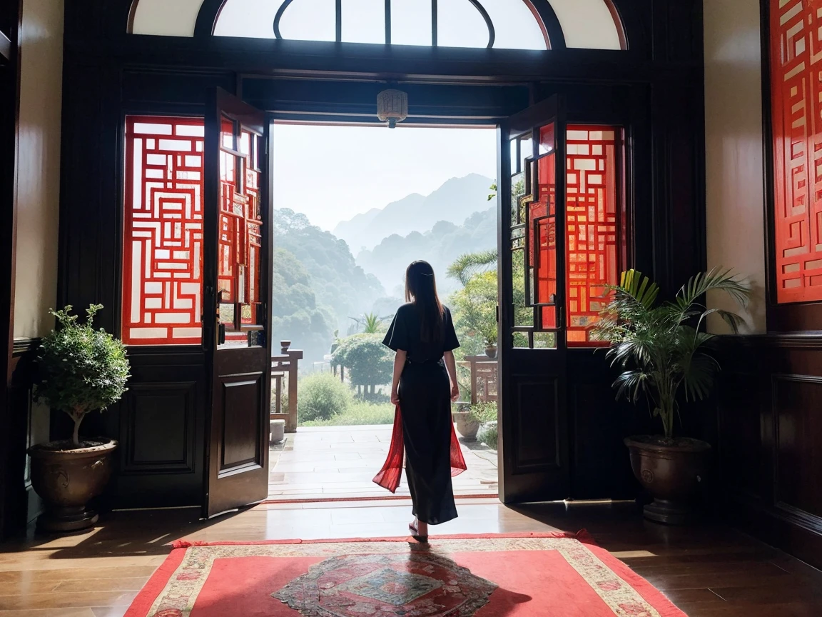 A painting of a person walking, Very exquisite Chinese classical door and plants, Mysterious Background, Layered Sky, Red and Black, Backlight, Traditional Chinese landscape style, New tradition, Oriental style, James Turrell, Plants are the history of Nagai, Fan Quang's style, Spooky reality, Crafty. I can&#39;t believe how beautiful it is. Symmetrical Configuration, large-scale, Use negative space, Look up, One-point perspective, Realistic ultra-detailed, 8K, High resolution