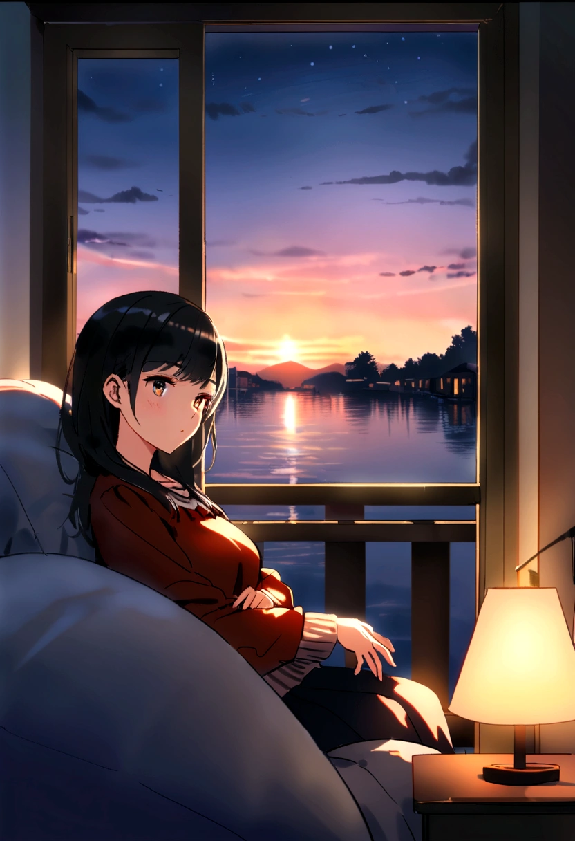 Artgerm, WLOP, a (((chica acostada))) enjoying a tranquil moment of (((relaxation))) in the (((comfortable confines of a well appointed and cozy bedroom))), surrounded by the glow of a (((sunset filtering through the windows))), with its warm hues reflecting off the room's furnishings, including a (((dimly lit lamp))) that casts a soft glow across the scene, inviting the viewer to take a moment and enjoy the serene atmosphere of a (good night)