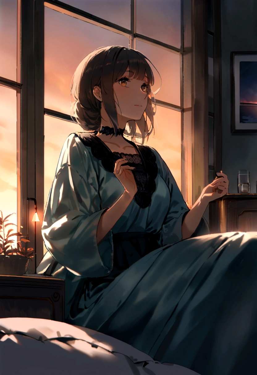Artgerm, WLOP, a (((chica acostada))) enjoying a tranquil moment of (((relaxation))) in the (((comfortable confines of a well appointed and cozy bedroom))), surrounded by the glow of a (((sunset filtering through the windows))), with its warm hues reflecting off the room's furnishings, including a (((dimly lit lamp))) that casts a soft glow across the scene, inviting the viewer to take a moment and enjoy the serene atmosphere of a (good night)
