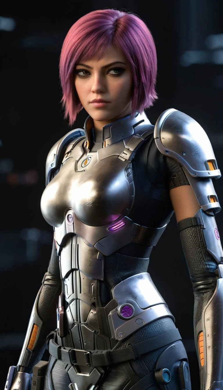 professional 3d model Cinematic scene, sabine wren, SILVER armor (HUGE BREASTS), Ghost in the Shell, detailed background, masterpiece, best quality, high quality, highres, absurdres . octane render, highly detailed, volumetric, dramatic lighting
