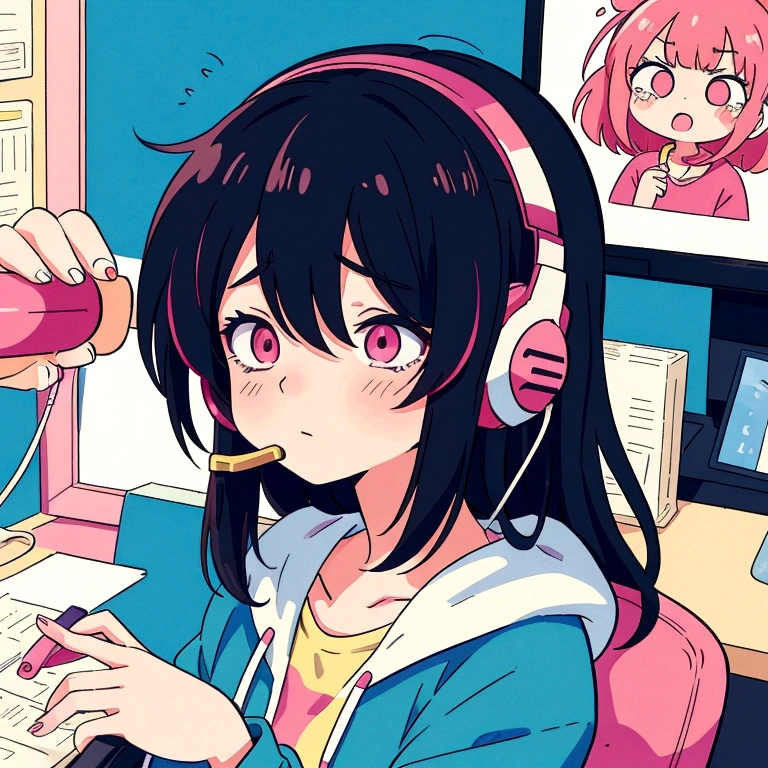 an anime girl with an expression of exhaustion and tiredness, in the 80s style using a telemarketing headset