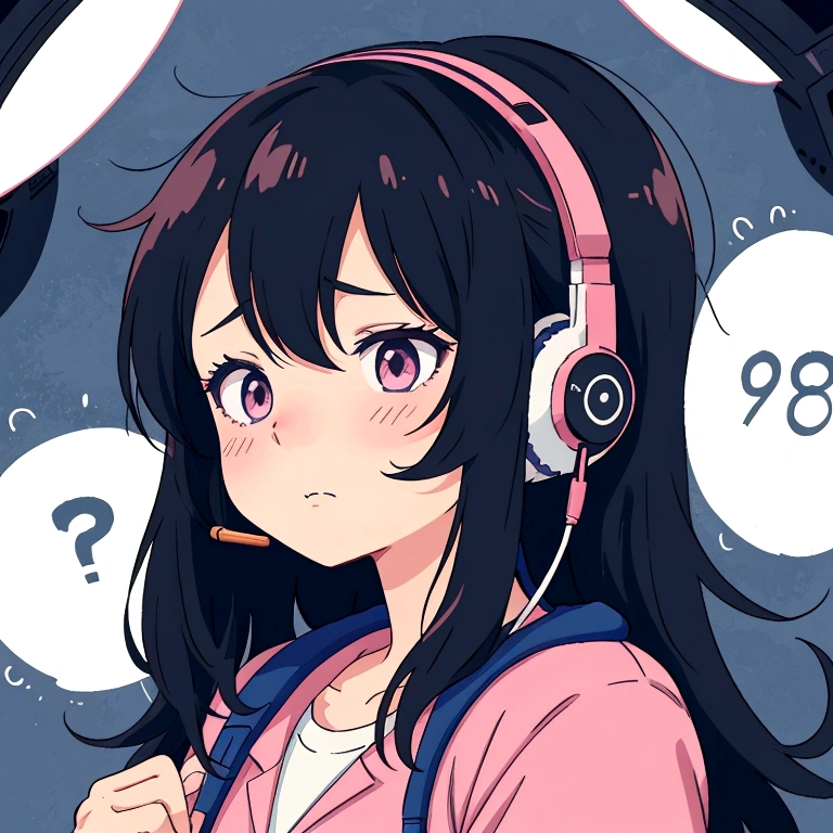 an anime girl with an expression of exhaustion and tiredness, in the 80s style using a telemarketing headset