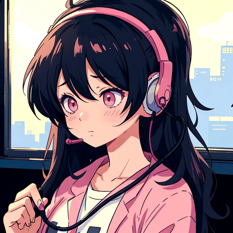an anime girl with an expression of exhaustion and tiredness, in the 80s style using a telemarketing headset