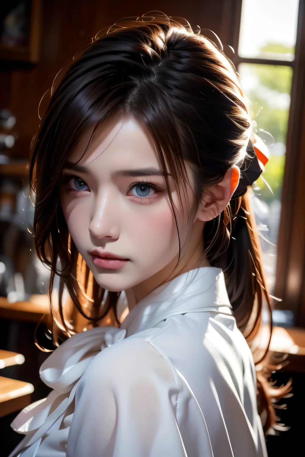 8k portrait of a beautiful dark-haired cyborg、Complex、elegant、Very detailed、Majestic、Digital photography、Art by artgerm, Ruan Jia and Greg Rutkowski、Surreal painting、(White shirt and ribbon tie、Black semi-tight skirt)、Front slit、Inside the cafe、(masterpiece、Side light、Beautiful eyes in every detail: 1.2) )、Hmph、masterpiece, 最high quality, high quality, High resolution,