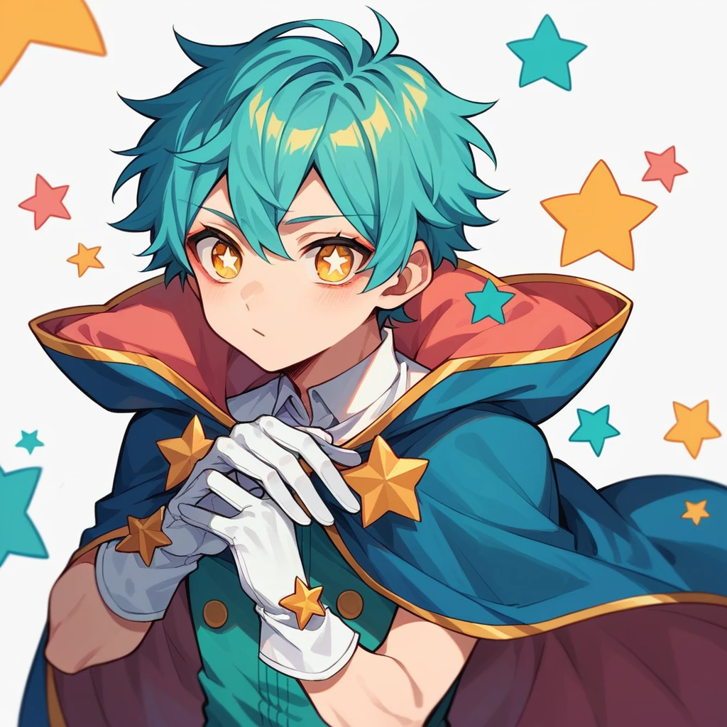 1boy, teenager, light skin, short turquoise hair, yellow eyes, star-shaped pupils, white background, colorful and extravagant clothing, cape, white gloves, makeup, anime style, digital art, cute