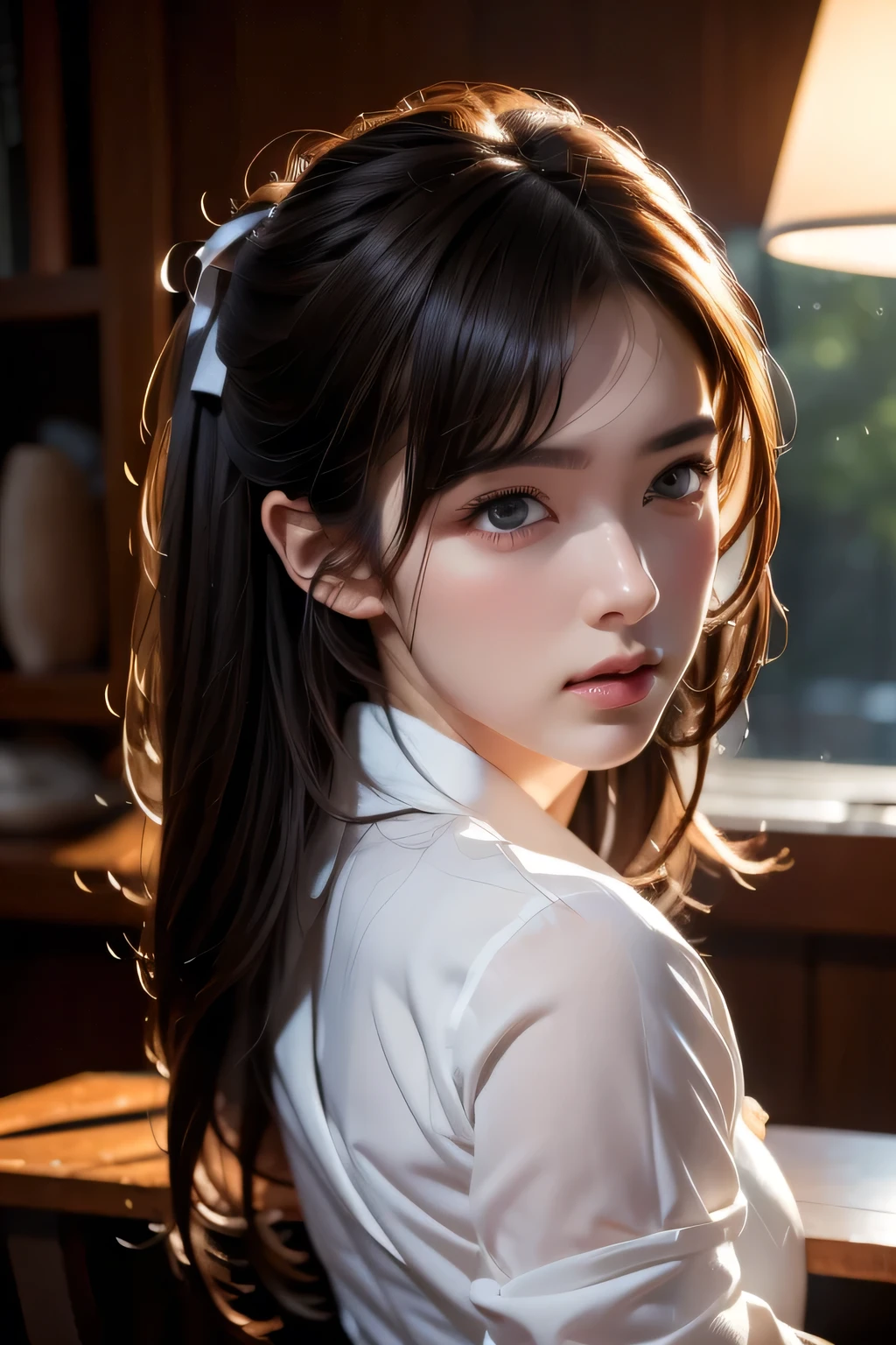 8k portrait of a beautiful dark-haired cyborg、Complex、elegant、Very detailed、Majestic、Digital photography、Art by artgerm, Ruan Jia and Greg Rutkowski、Surreal painting、(White shirt and ribbon tie、Black semi-tight skirt)、Front slit、Inside the cafe、(masterpiece、Side light、Beautiful eyes in every detail: 1.2) )、Hmph、masterpiece, 最high quality, high quality, High resolution,