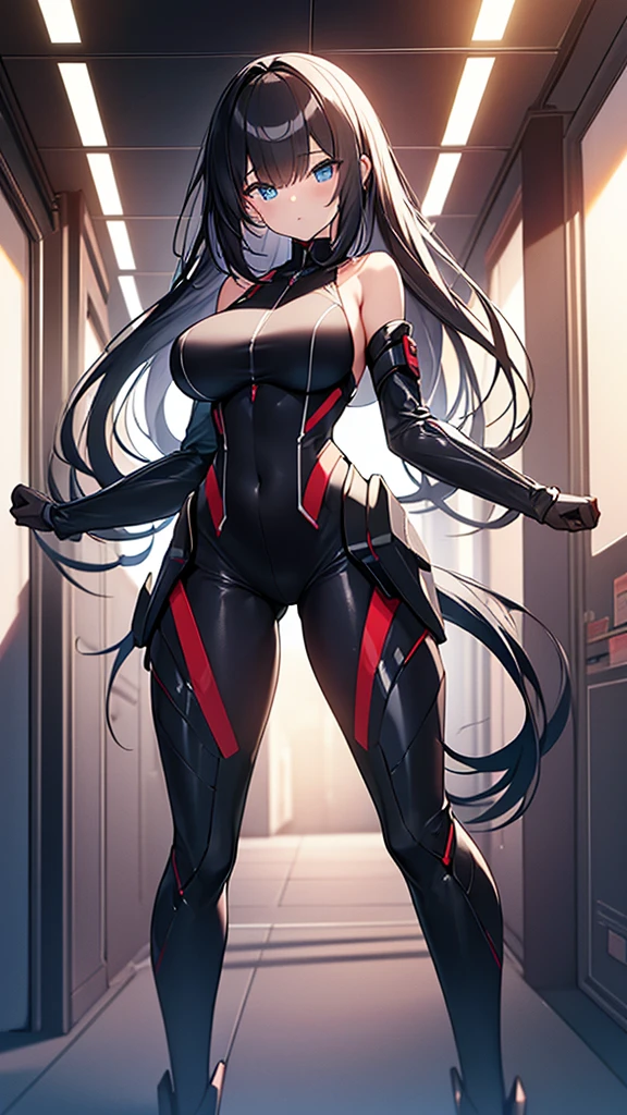 (Highly detailed CG Unity 8k wallpaper,masterpiece, Biological, whole body),(Best lighting, Best Shadow, Very delicate and beautiful),(One girl),blue eyes, Big Breasts, Black Hair,Red and black off-the-shoulder SF bodysuit,Neck Seal,High-tech sci-fi corridor, Dynamic pose, Detailed Machinery, Sleek design., {{An extraterrestrial lifeform preys on girls and takes their place、Her breasts are bigger than a real girl's}}, Unknown sensation, Feels good, Vigorous movement, more, instinct, Female fall, Bouncing chest, loose, loose, He hides the bones of the girls he preys on in his locker., NSFW