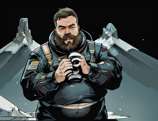 He has his mouth open, astonished, frightened Astronaut, bearded, plump, extremely thick thighs, large belly, fat, using a doll for observation, He holds the binoculars with both hands close to His Face, icy mountains, snowy place, the Astronaut using binoculars to observe( frontal image) Holding a pair of binoculars. dynamic photography.