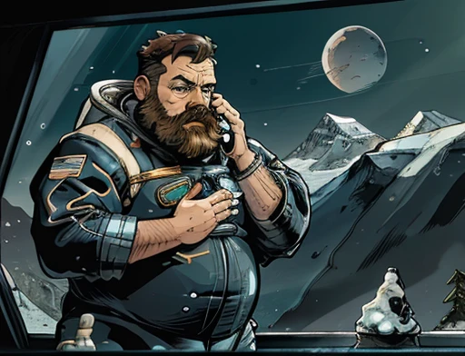 He has his mouth open, astonished, frightened Astronaut, bearded, plump, extremely thick thighs, large belly, fat, using a doll for observation, He holds the binoculars with both hands close to His Face, icy mountains, snowy place, the Astronaut using binoculars to observe( frontal image) Holding a pair of binoculars. dynamic photography.