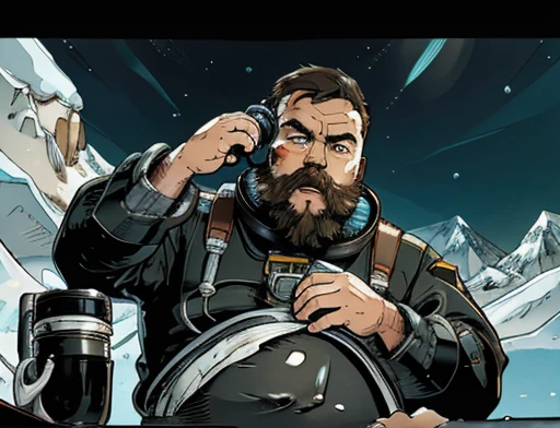 He has his mouth open, astonished, frightened Astronaut, bearded, plump, extremely thick thighs, large belly, fat, using a doll for observation, He holds the binoculars with both hands close to His Face, icy mountains, snowy place, the Astronaut using binoculars to observe( frontal image) Holding a pair of binoculars. dynamic photography.