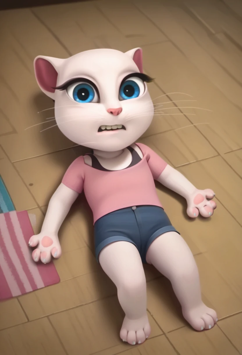 solo focus, a_la, 1girl, cat, white fur, long whiskers on both sides of the face, big bright blue eyes, big black eyelashes, small pink nose, triangular ears with pink ducts, there is rape, looking at the viewer, lying on the floor, butt raped