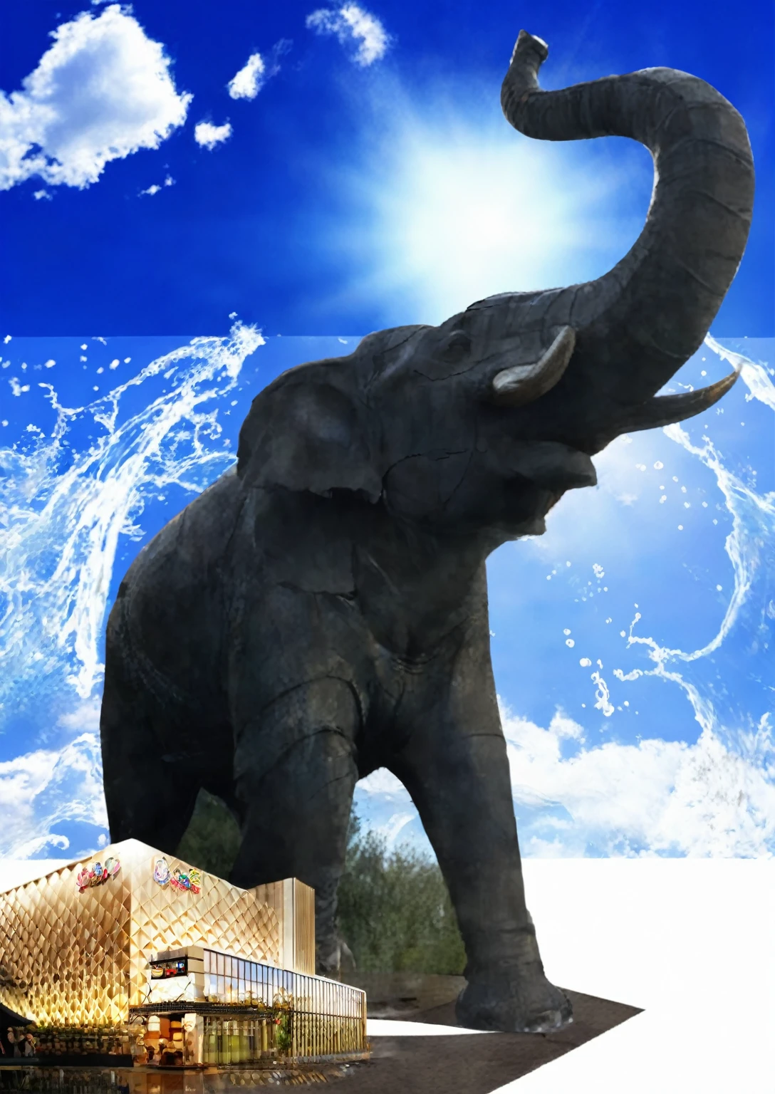 there is a large elephant statue in front of a building, elephant,Giant elephant and splashing water