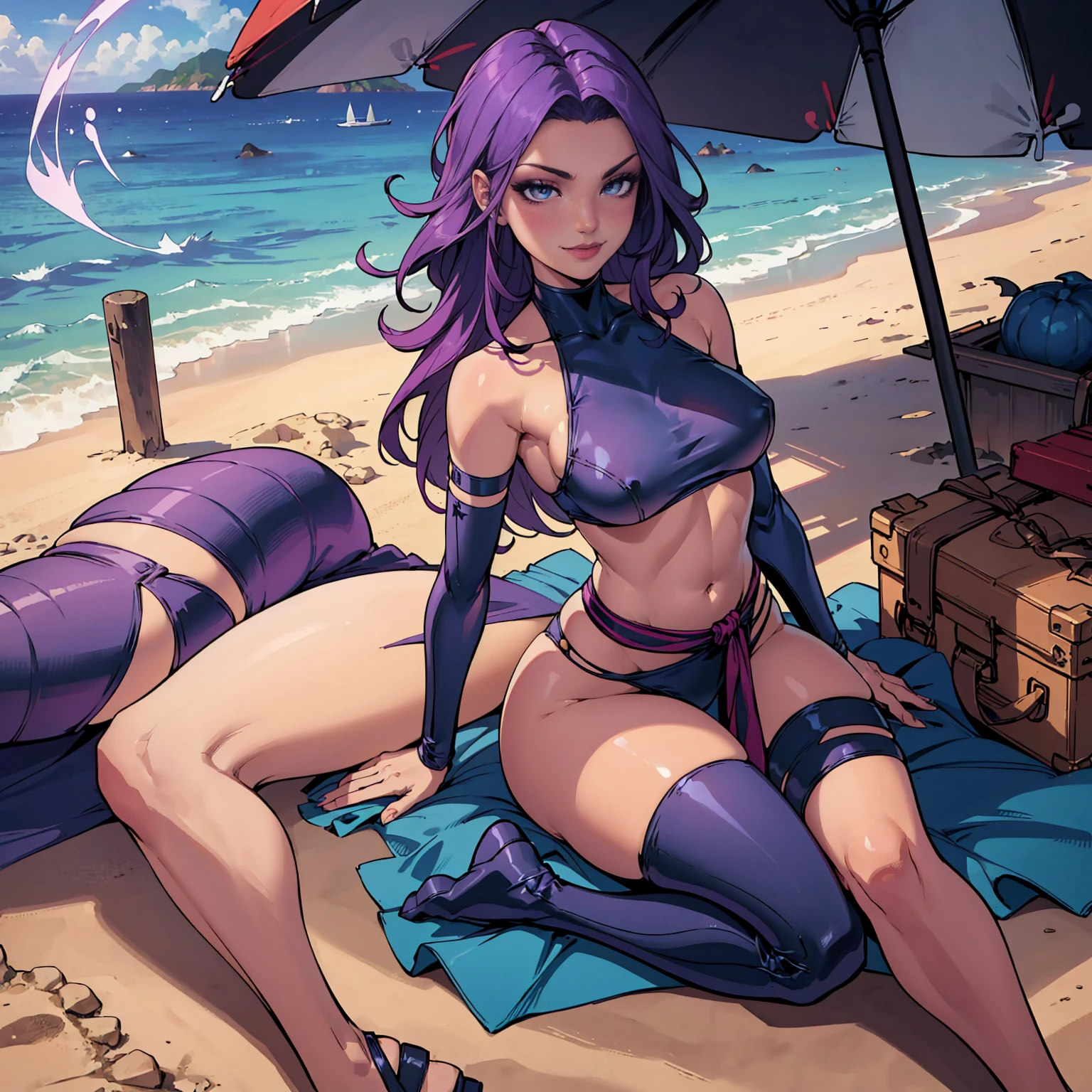 Psylocke_DG, ((long violet hair, glowing blue eyes, lipstick, makeup, narrow waist, skinny, medium breasts, alone)), pelvic curtain, ((purple bikini, Red sash tied around belly)), full body, perfect body, (insanely detailed, beautiful detailed face, masterpiece, best quality) , (((solo))), (((1girl))), (((mature))), (extremely detailed 8k paper CG wall unit: 1.1), (beach, sand, ocean dusk), (smile face for the viewer), sitting Beach sarong, Magic, aura, energy sword,