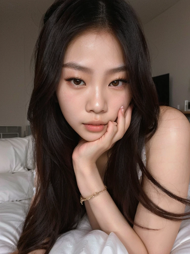 Asian woman lying on a bed with her hand on her chin, beautiful Asian girl, Asian girl, young cute wan asian face, asian face, Asian characteristics, jennie blackpink, young Asian girl, detailed face of an asian,  korean, Southeast Asian with round face, Xisionwu, made, half asian, Asian beautiful face, Olhos do quarto