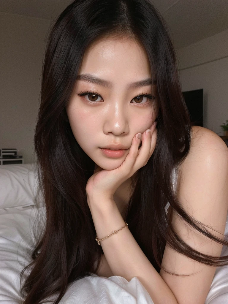 Asian woman lying on a bed with her hand on her chin, beautiful Asian girl, Asian girl, young cute wan asian face, asian face, Asian characteristics, jennie blackpink, young Asian girl, detailed face of an asian, korean, Southeast Asian with round face, Xisionwu, made, half asian, Asian beautiful face, Olhos do quarto