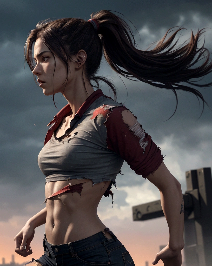 (masterpiece)(accurate)(perfect anatomy) photo realistic, 1girl, running stance, red crop top, tattered shirt (torn shirt 1.8), upper torso, cinematic motion, serious expression, ponytail, very long hair, (motion blur 1.2) super detailed, twenty degrees side view, perfect eyes, unreal engine, epic realism, 8k, dramatic lightning, motion blur background