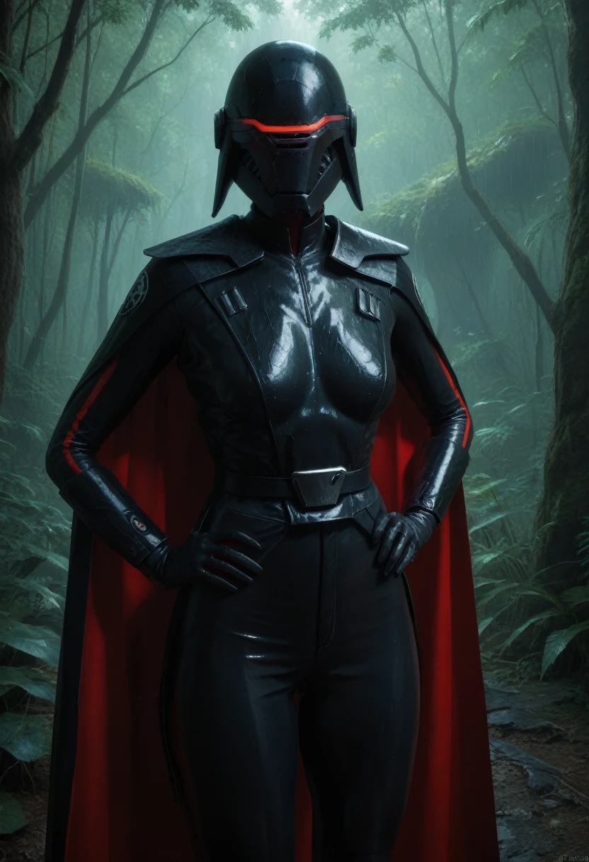zPDXL, source_anime, BREAK Trilla, helmet with red visor, cape, armor,black gloves,tight bodysuit,black cape,black pants, BREAK close-up, solo, standing, front view, medium breasts, hands on hips, wide hips, BREAK x3dce, 3d, jungle background, dense vegetation, rain, night, night sky,
