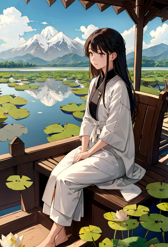 Girl sitting on boat in lotus pond，In the distance are mountains