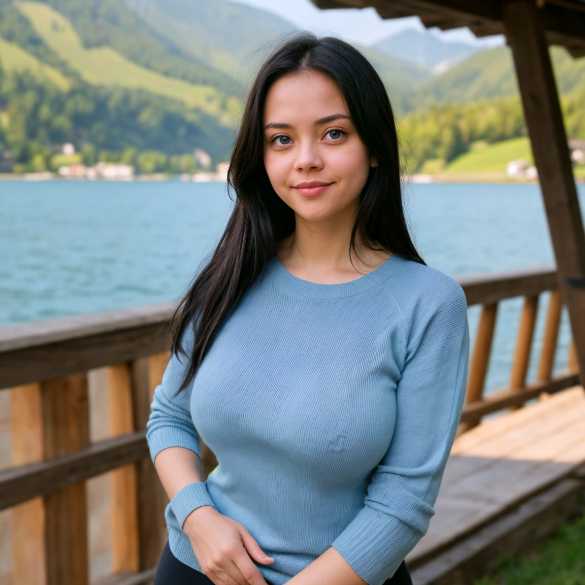 1 girl, solo, Caucasian, Young Woman, photorealistic, RAW image, (Photo of Lorna Tolentino and Christina Ricci combined), name is Kotoha, (((21 years old woman))), (((blue eyes))), (((Black hair))), ((long hair)), (((full body))), ((close Shot)), (((slim body))), (((big round breast))), (((30C cup))), ((wearing leggings and sweater)), (at the Achen Lakeside in Austria), smirk, random pose