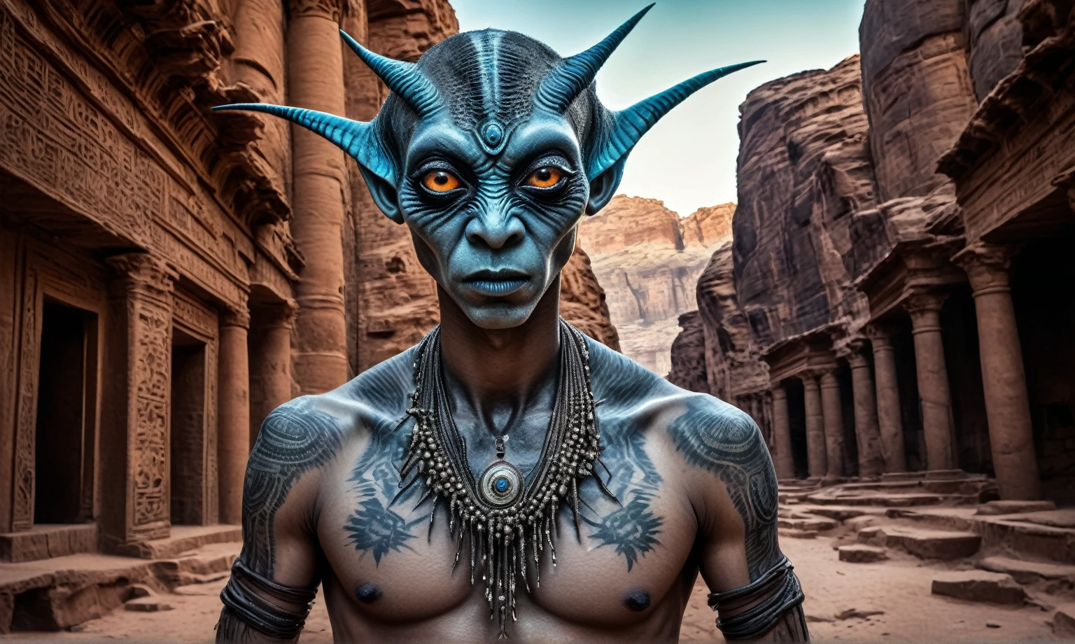 full body length shot,nerd graphite Alien Entity,native africa slave,folk tweed wear ,nowadays azctec central city,mpontains on background,Cinematic,soft colors, Technicolor,natural skin textures, hyper realism, hyper detailed,Extremely detailed,High contrast,Masterpiece,Realistic,Ultra Detailed, intricate details,realistic humid leather,extremely intricate details,Epic Realistic, cinematic style, irina yermolova,high contrast,hdr,extremely detailed,Petra of Southern Jordan,masterpiece, intricate details, eyes extremely detailed, high detailed eyes,8k resolution,retina, Nikon Z9,Korea,orc,, Pisces, transition between two art styles, Double contact, X-ray, Creative, vivid light, fantasy, Abstract, Surrealism, super detailed, high resolution,insanity wear,skin almost translucent, symbols of mourning and gothic elements, further emphasizing its dark air,Mestichino,Light particles,chaos,starfish's leather