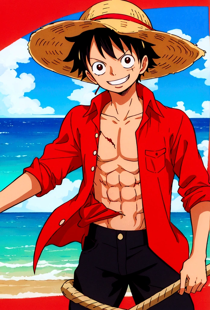 A highly detailed illustration of monkey d luffy, wearing a straw hat, scar under left eye, smiling, teeth, cowboy shot, looking at viewer, black pants, red open shirt, sea in background, red "X" scar on chest