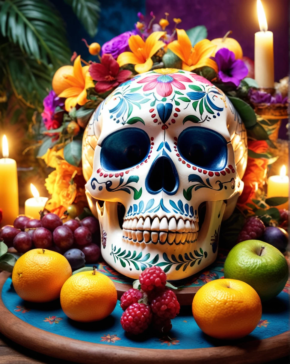 stunning still-life photo render of a Mexican Skull Calavera, surrounded by poetic ornamental elements such as fruits, flowers, garlands of lights and native plants, studio lighting, 8k