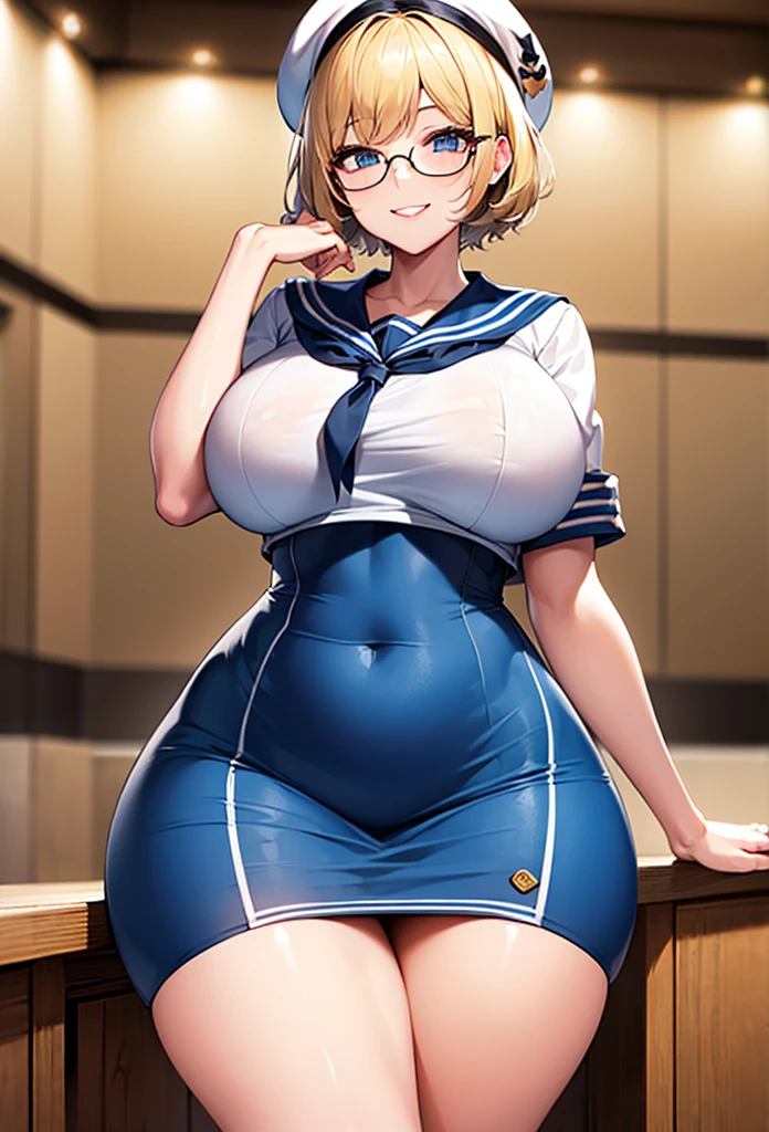 White sailor hat,blonde hair,short hair,sailor top outfits,blue mini skirt,seductive smile,look at viewer,bigbreast,wide hips,thicc tigh,glasses