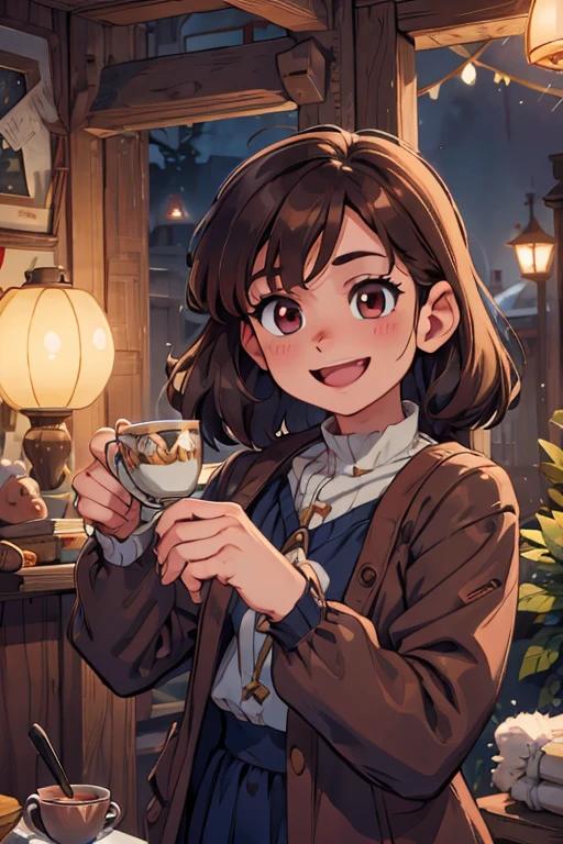 perfect face, perfect hands. A brown haired young witch with copper eyes in a navy is drinking tea at night with a big smile