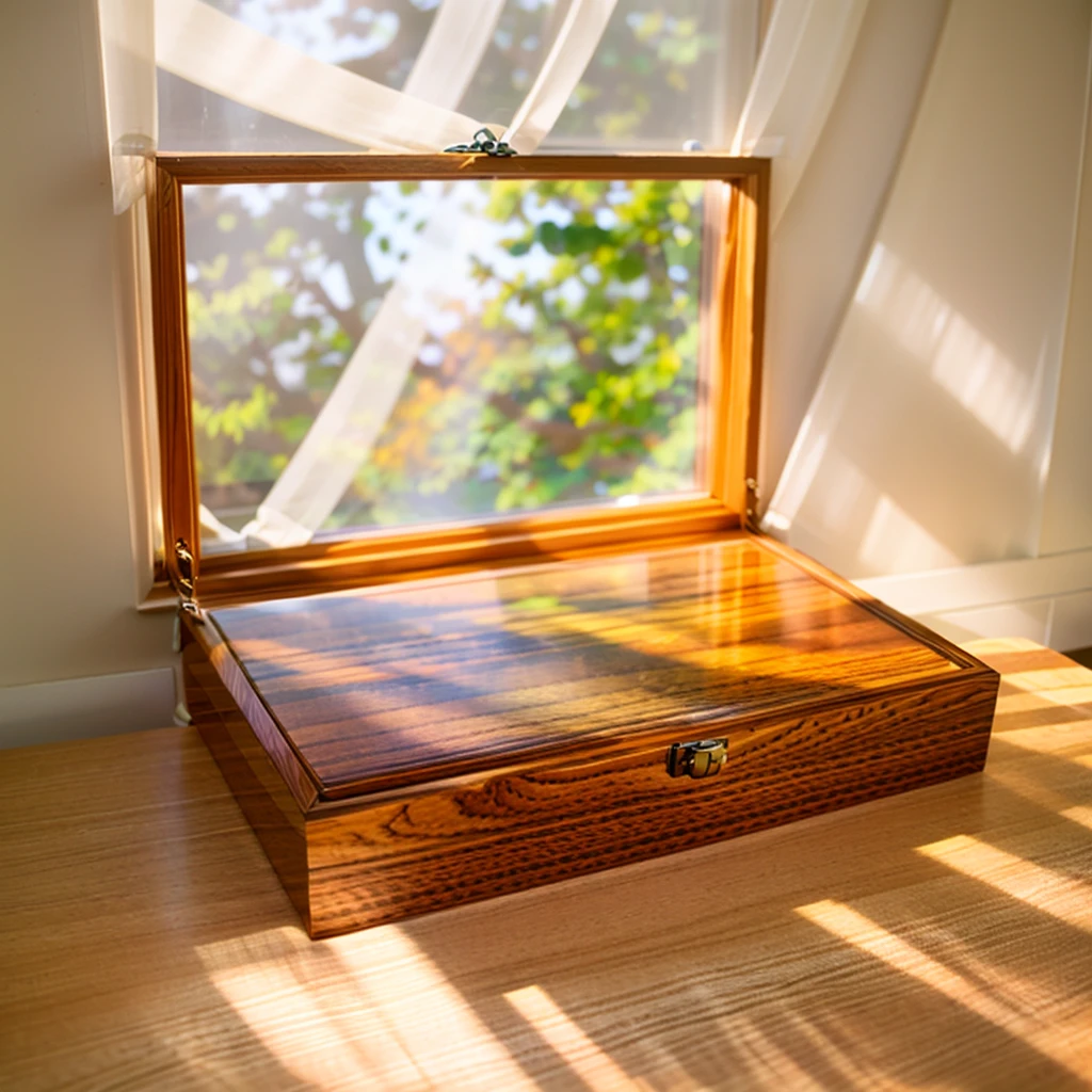In this cozy room，A ray of sunlight shone through the half-drawn curtains on the table，Let the wood grain on the watch storage box shine with a faint luster。There was a calm and peaceful atmosphere in the air around them。There are several still lifes hanging on the walls of the room，It adds a touch of elegance to the space。And on the other side of the room，The half-open window lets in the breeze，The pages on the small desk by the window turned in the wind，This quiet scene gives a sense of tranquility and comfort。
