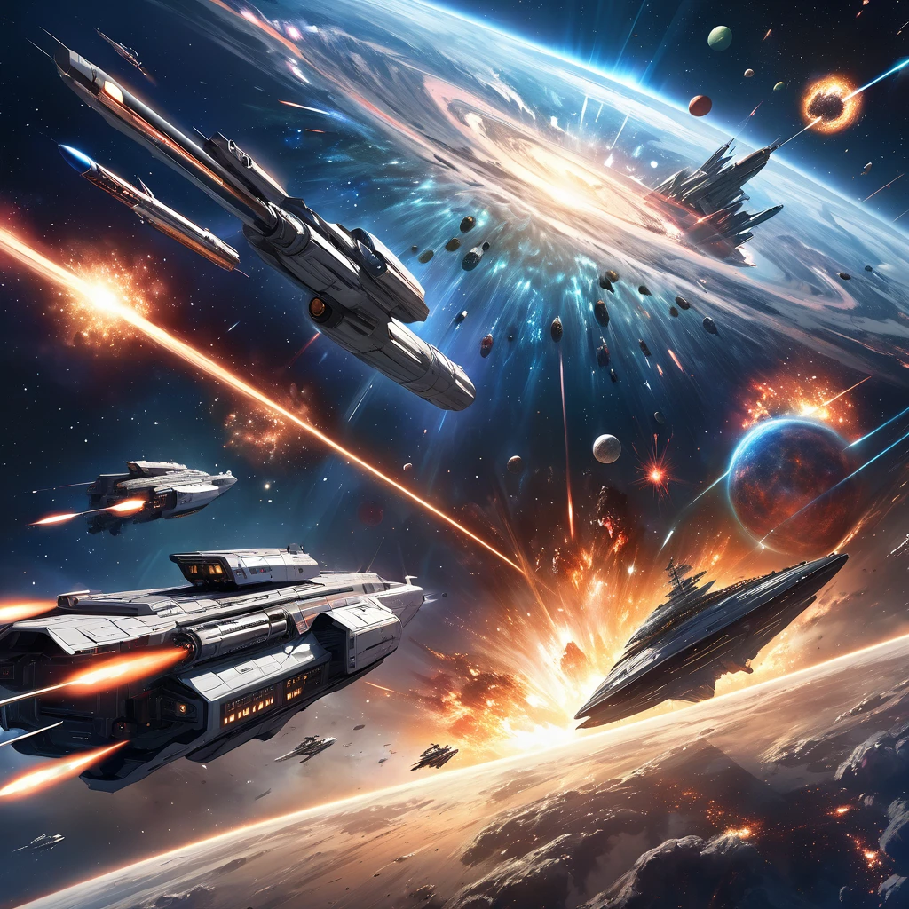 Realistic, super detailed, space, universe,Space war, astronomia, spaceship, space battleships, rail gun,Interstellar war, supernova explosion