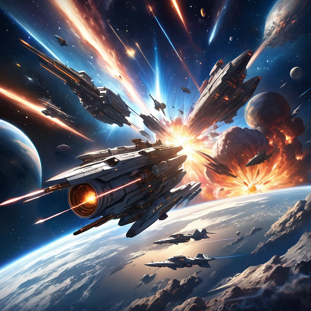 Realistic, super detailed, space, universe,Space war, astronomia, spaceship, space battleships, rail gun,Interstellar war, supernova explosion