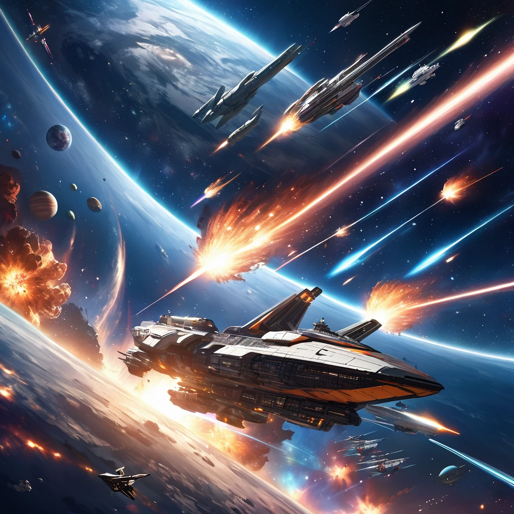 Realistic, super detailed, space, universe,Space war, astronomia, spaceship, space battleships, rail gun,Interstellar war, supernova explosion