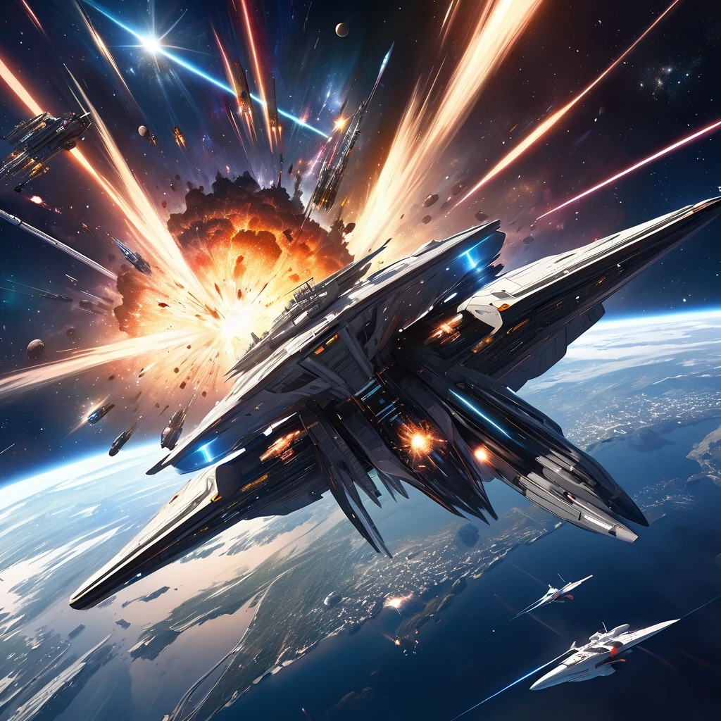 Realistic, super detailed, space, universe,Space war, astronomia, spaceship, space battleships, rail gun,Interstellar war, supernova explosion
