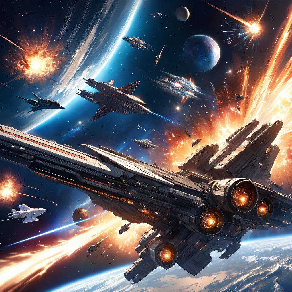 Realistic, super detailed, space, universe,Space war, astronomia, spaceship, space battleships, rail gun,Interstellar war, supernova explosion
