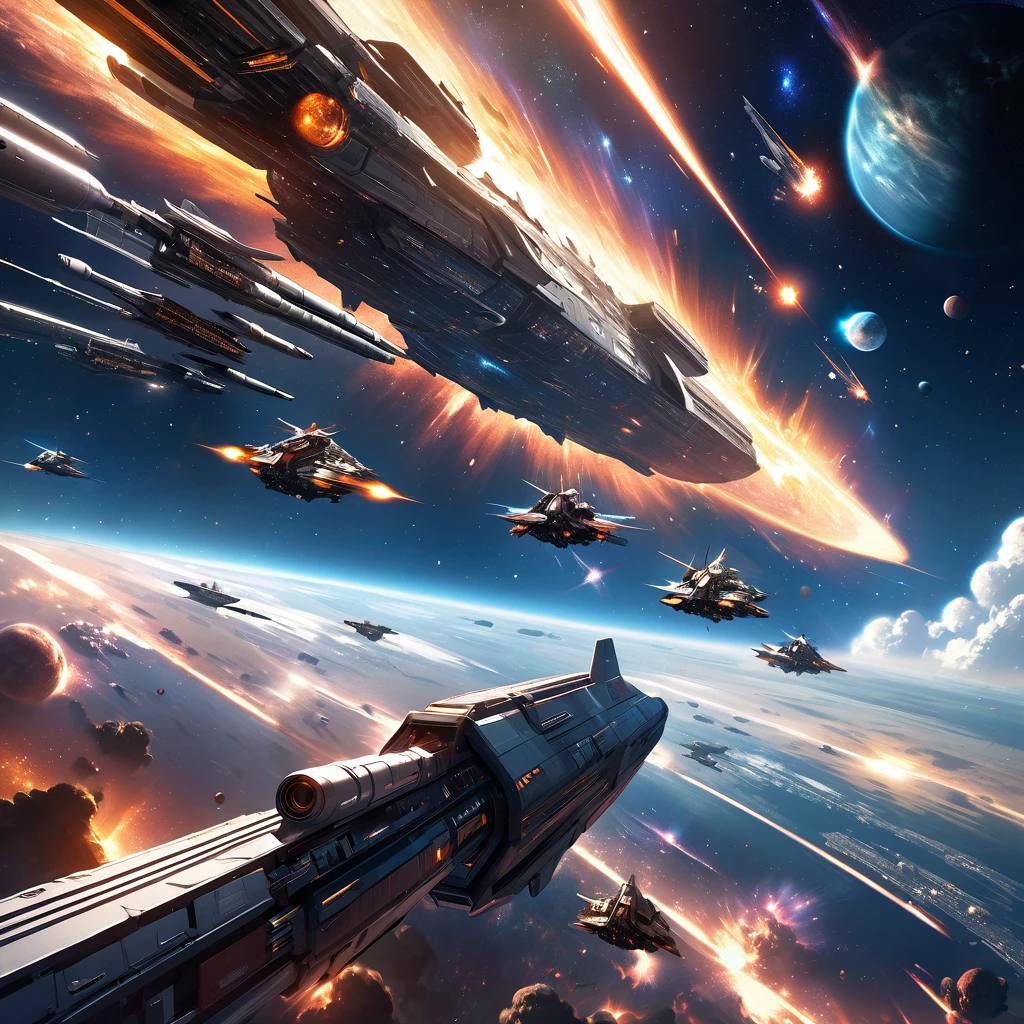 Realistic, super detailed, space, universe,Space war, astronomia, spaceship, space battleships, rail gun,Interstellar war, supernova explosion