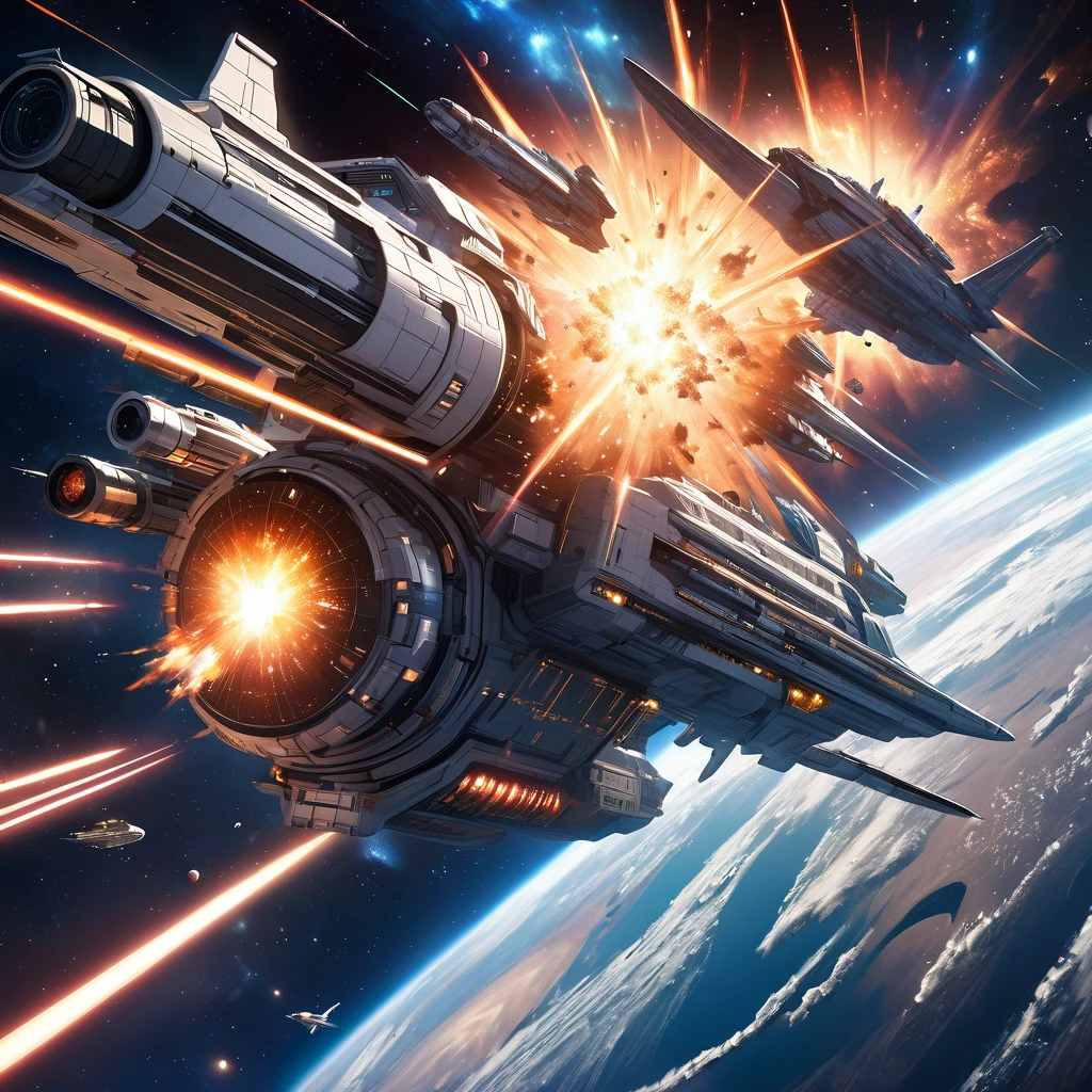 Realistic, super detailed, space, universe,Space war, astronomia, spaceship, space battleships, rail gun,Interstellar war, supernova explosion
