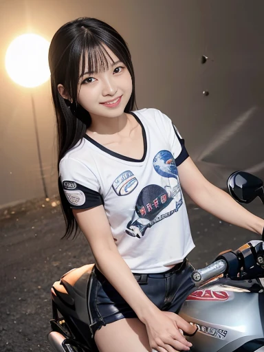 Japanese female, a lot of details, (underweight), 30 years old, detailed black hair, beautiful detailed hair, super fucking beautiful, delicate beautiful face, complex details beautiful and delicate eyes, perfect hands, (flat chest best quality:1.5), perfect and delicate limbs, detailed skin, best quality, ultra-detailed,(cheerful grin:1.5),
(motorcycle:1.4), (riding motorcycle:1.5), (running on a motorcycle:1.4), (t-shirt), (shorts), japanese, (in the space:1.4), (with a planet:1.3), (with a sun:1.3), full body shot, from front, dutch angle shot, extreme wide shot