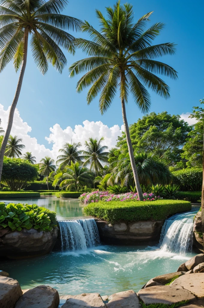 in a flower garden, there is a flowing water. a coconut tree