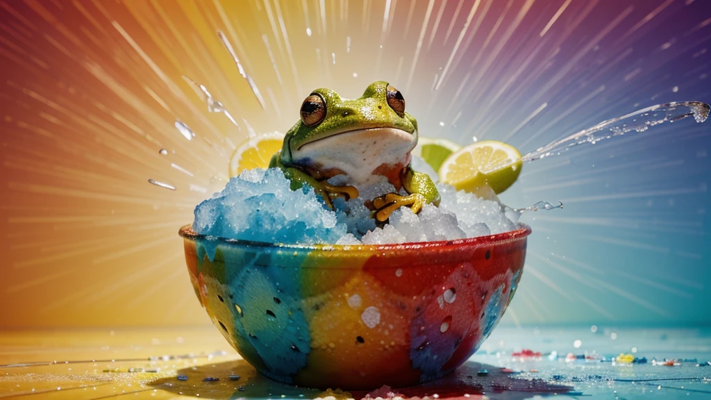 Hot summer day. The frog-shaped shaved ice is rich in fruit color, and a bowl full of many colorful particles sprinkled on it, making the broken ice full. which makes people salivate. The alcohol and ink is rendered,